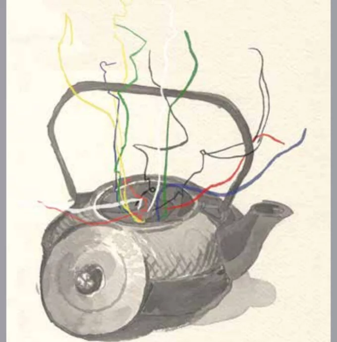 A hand-drawn illustration from Jonathan's book of a teapot with coloured channel lines rising from it like steam