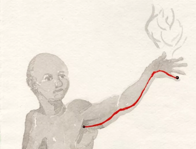 Une illustration dessinée à la main tirée du livre de Jonathan, montrant une ligne de canal partant du cœur, longeant le bras jusqu'à la main, et s'élevant en une flamme