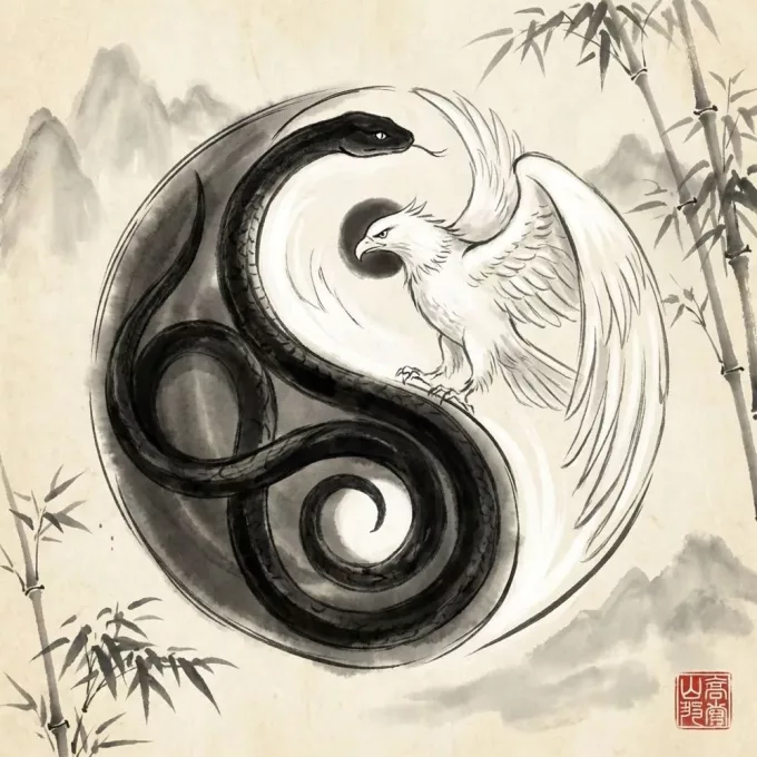 Ink-wash illustration of a white eagle and a black snake coiled together as a yin-yang