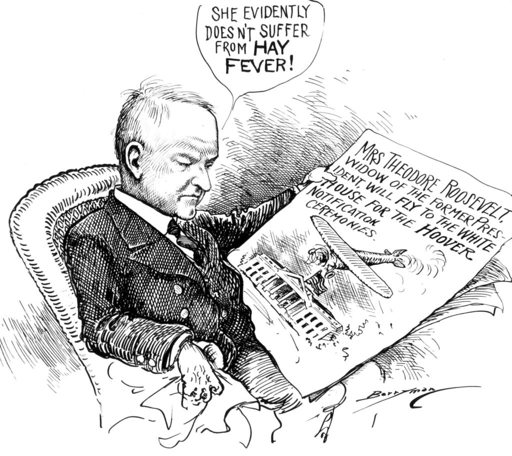 Vintage newspaper cartoon of a man in an armchair reading that Mrs Theodore Roosevelt will fly to the White House, and saying: "She evidently doesn't suffer from hay fever!"