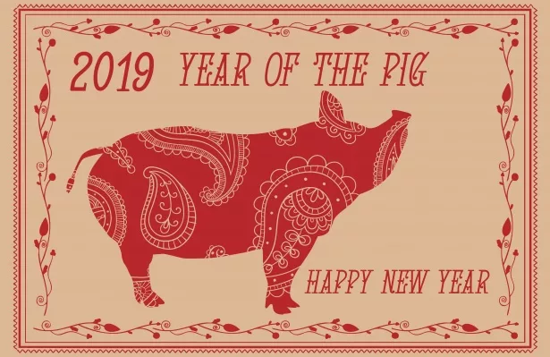 A red paper-cut style pig on a beige background, with the words "2019 Year of the Pig" and "Happy New Year"