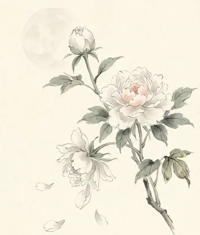 Ink-wash painting of a white peony branch with a bud, a full bloom and a fading flower, under a pale moon